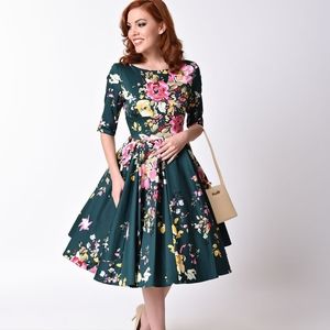 The Pretty Dress Company Deep Green Saville Floral Swing Dress US 4 Like New